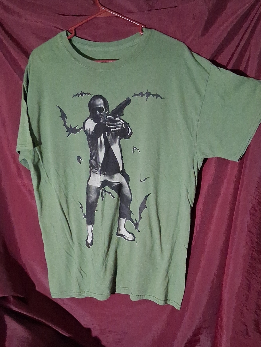 Men's Short Sleeve Graphic Tee in Olive Green - Bat Silhouette Print